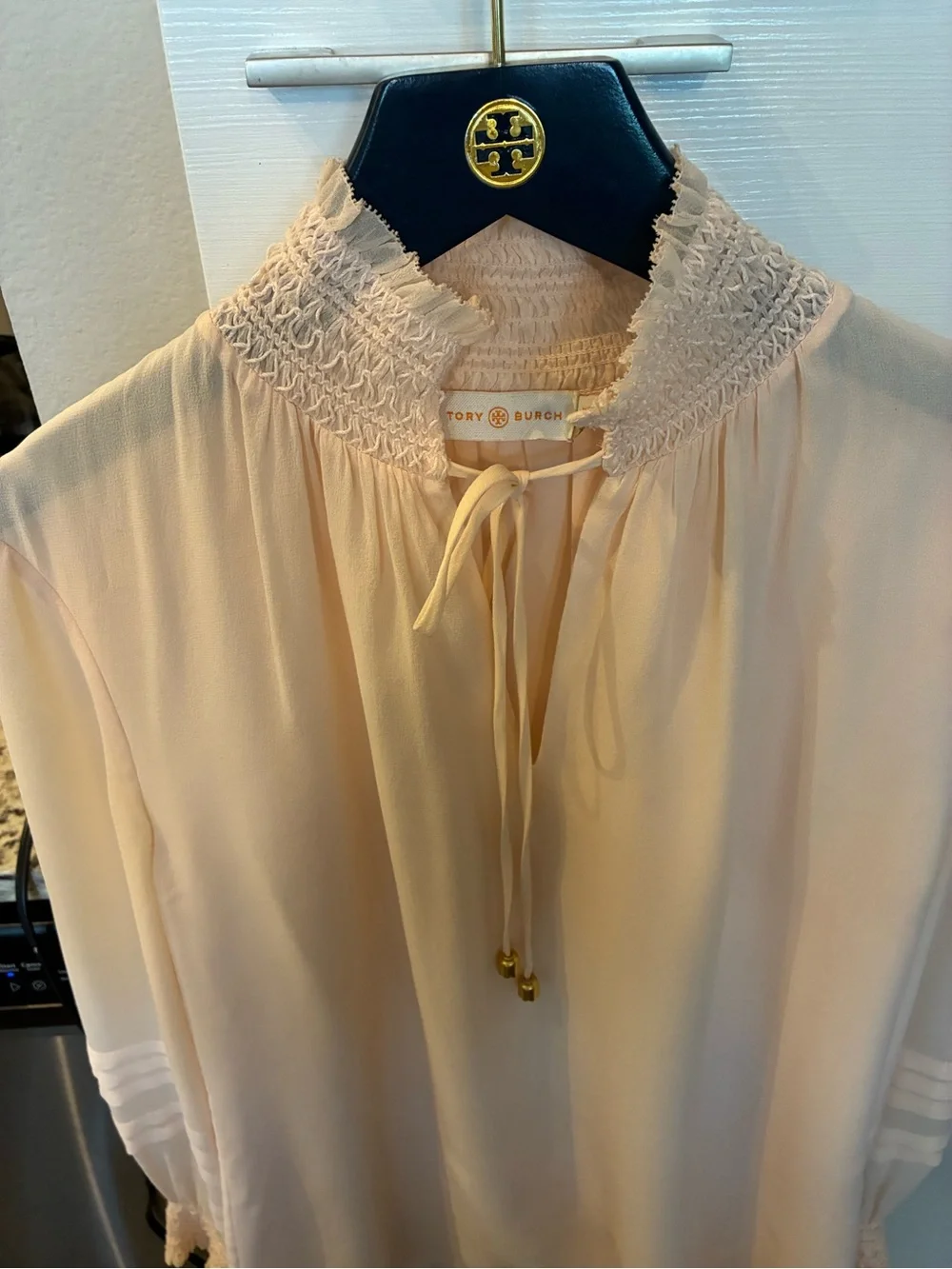 Tory Burch Soft Pink Feminine Smocked-Neck Long Sleeve Blouse - Picture 7 of 9